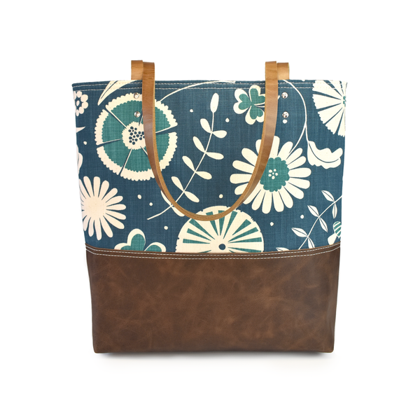 Urban Tote in Flourish Petrol and Distressed Leather – Red Staggerwing