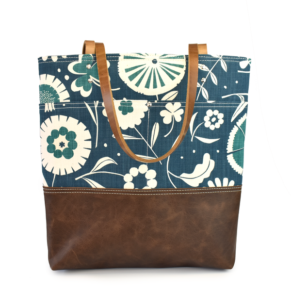 Urban Tote in Flourish Petrol and Distressed Leather – Red Staggerwing