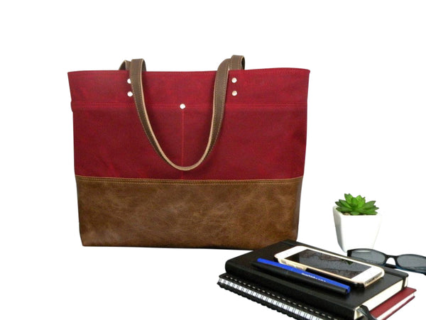 Red Staggerwing shops Urban Tote, Chocolate Brown Waxed Canvas & Distressed Leather