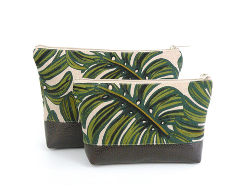 Cosmetic Clutch in Tropical Leaf Linen-Red Staggerwing