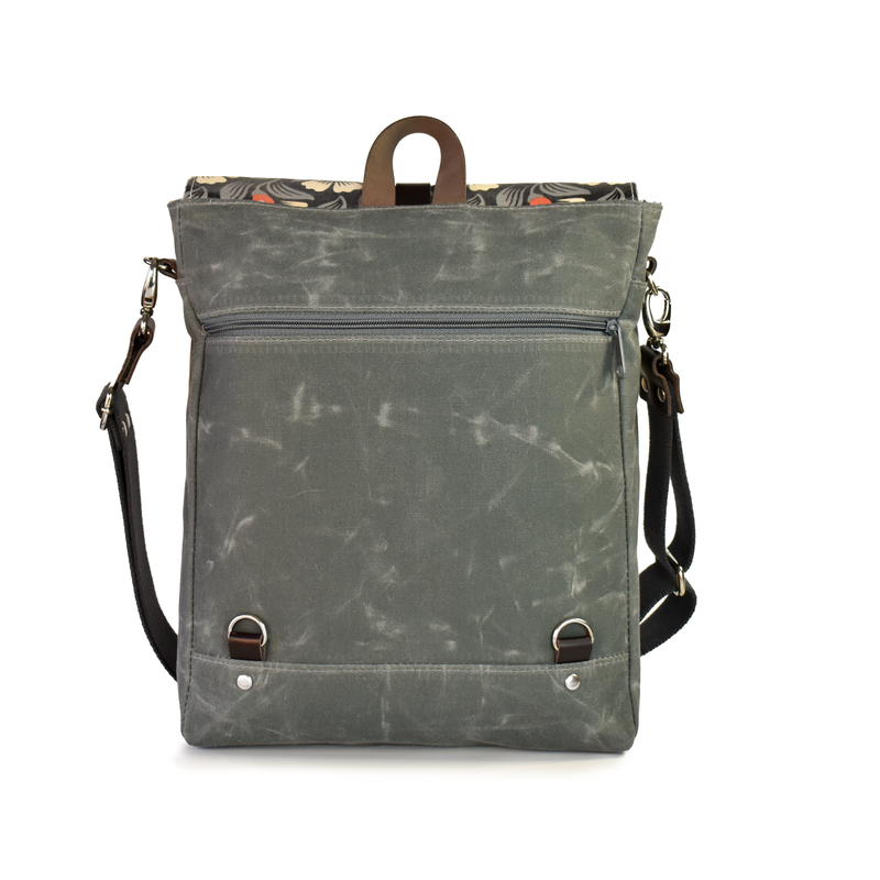 Waxed Canvas Messenger/Backpack in Grey Floral Laminate – Red Staggerwing