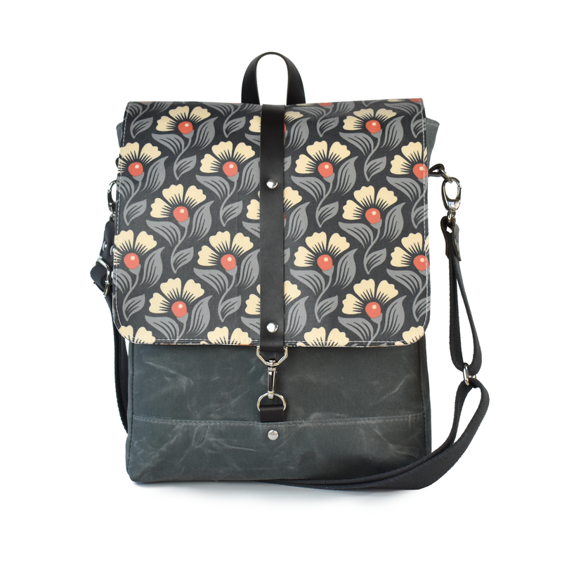 Waxed Canvas Messenger/Backpack in Grey Floral Laminate