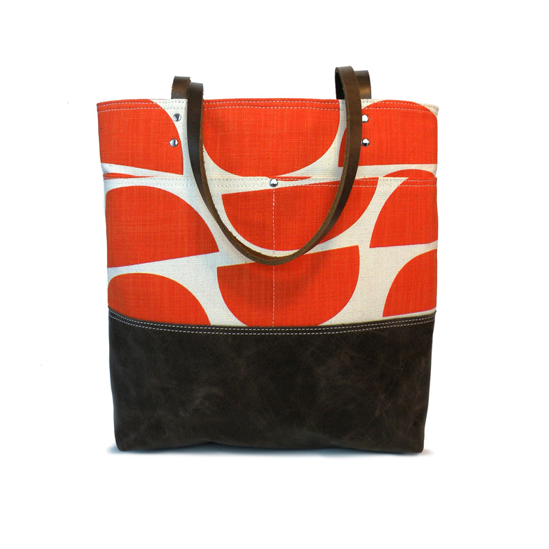 Urban Tote in Vibrant Orange Print and Distressed Leather