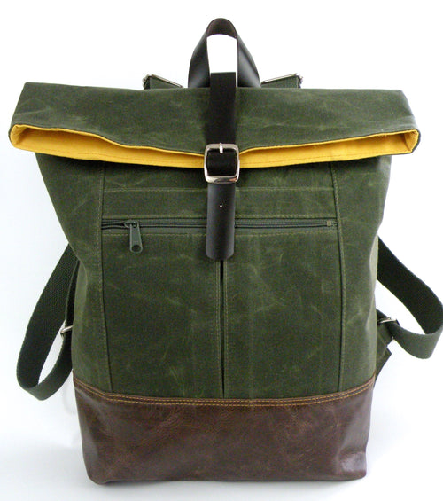Backpack in Olive Green Waxed Canvas-Red Staggerwing