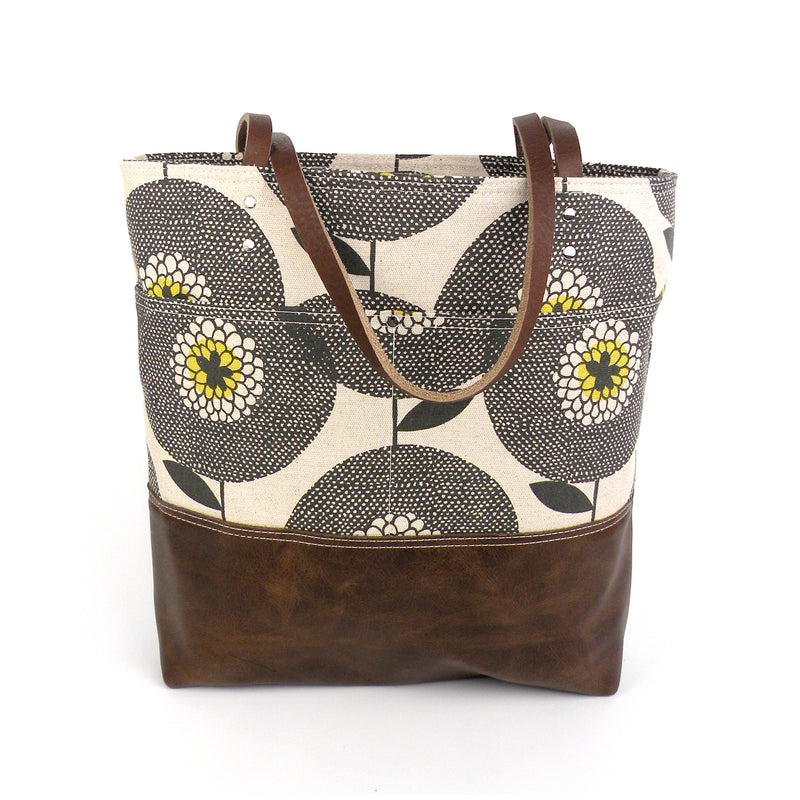 Urban Tote in Flowerfields Print and Distressed Leather-Red Staggerwing