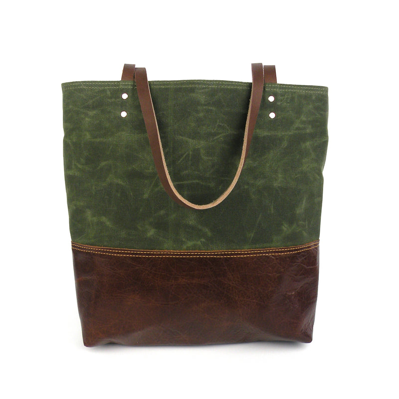Urban Tote in Olive Green Waxed Canvas and Distressed Leather-Red Staggerwing