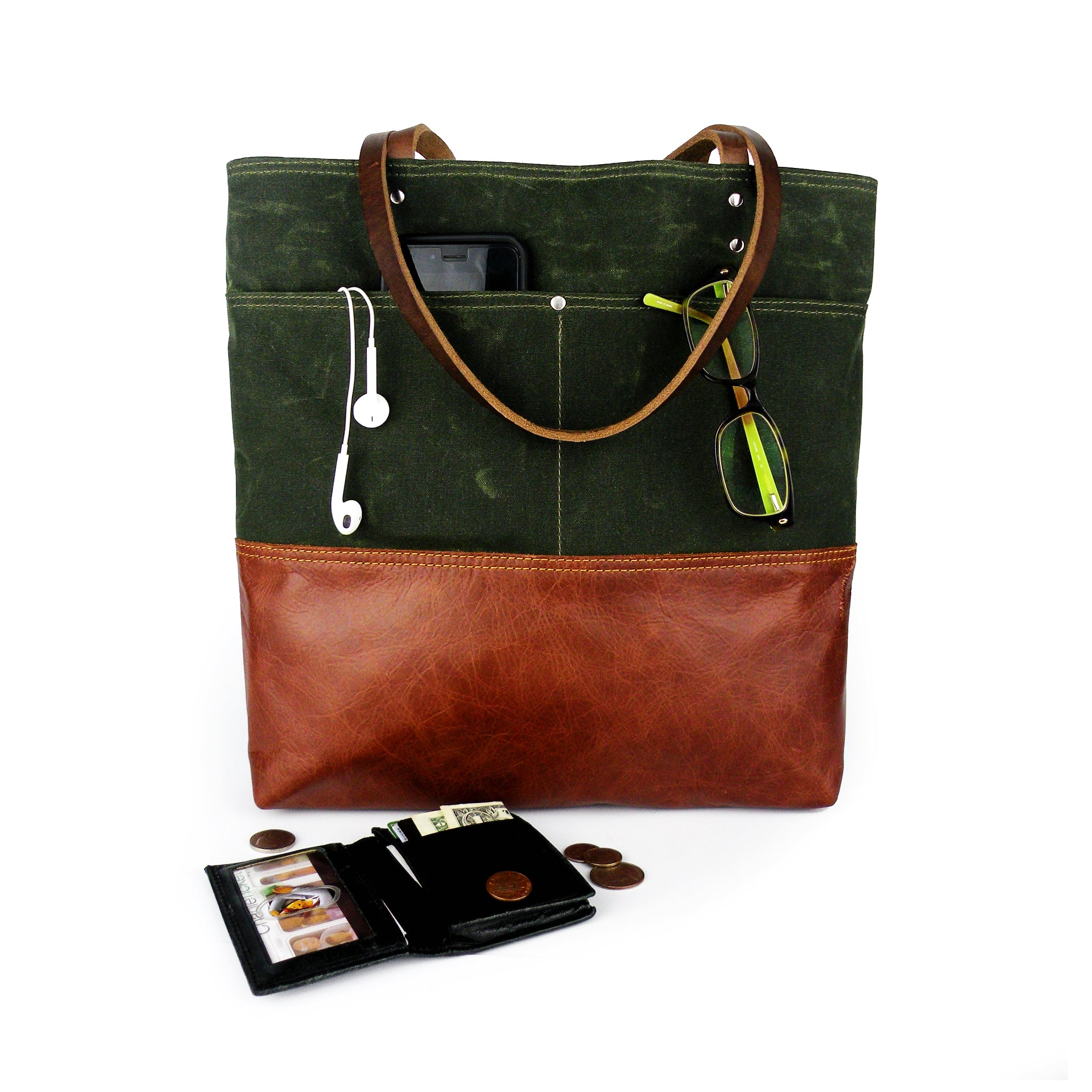 Urban Tote in Olive Green Waxed Canvas and Distressed Leather 