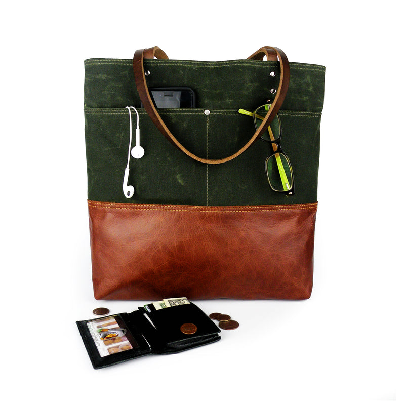 Urban Tote in Olive Green Waxed Canvas and Distressed Leather