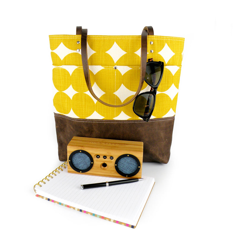Urban Tote in Yellow Dots with Distressed Leather